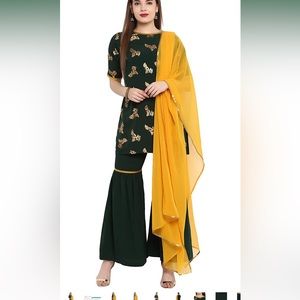 Janasya Indian Women's Dark Green Kurti with Sharara with Dupatta (worn once)
